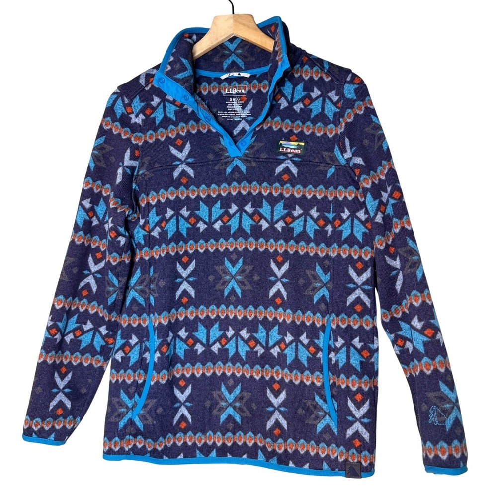LL Bean Women Sweater Fleece Pullover Fair Isle Snap Neck Navy Blue Small 503474